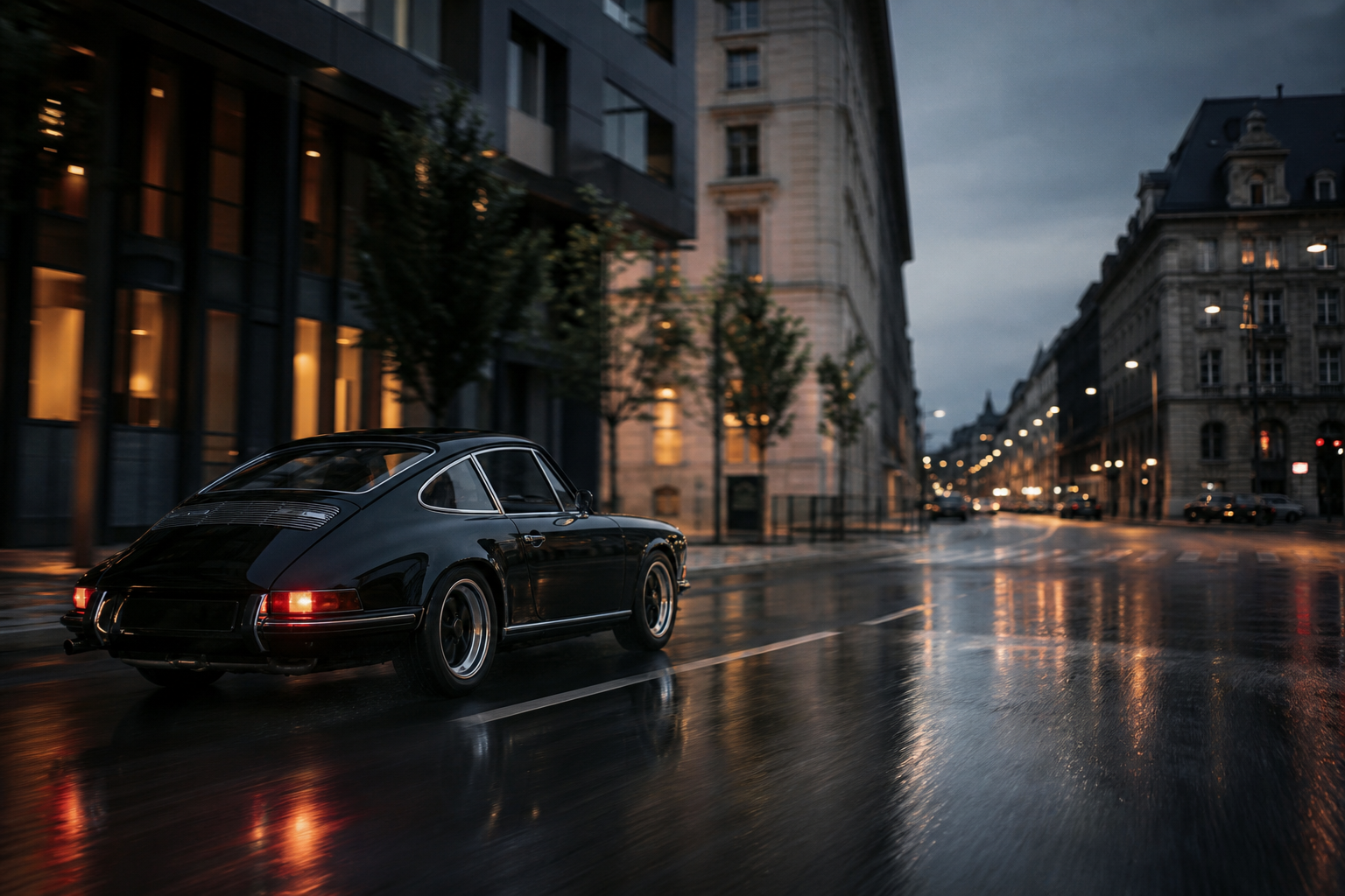 Sportwagen in einer Stadt bei Nacht